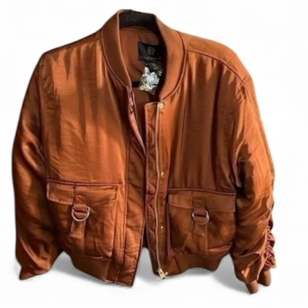 NWT House of Harlow 1960 satin ruched copper brown bomber jacket size L HOLIDAY - Picture 5 of 12